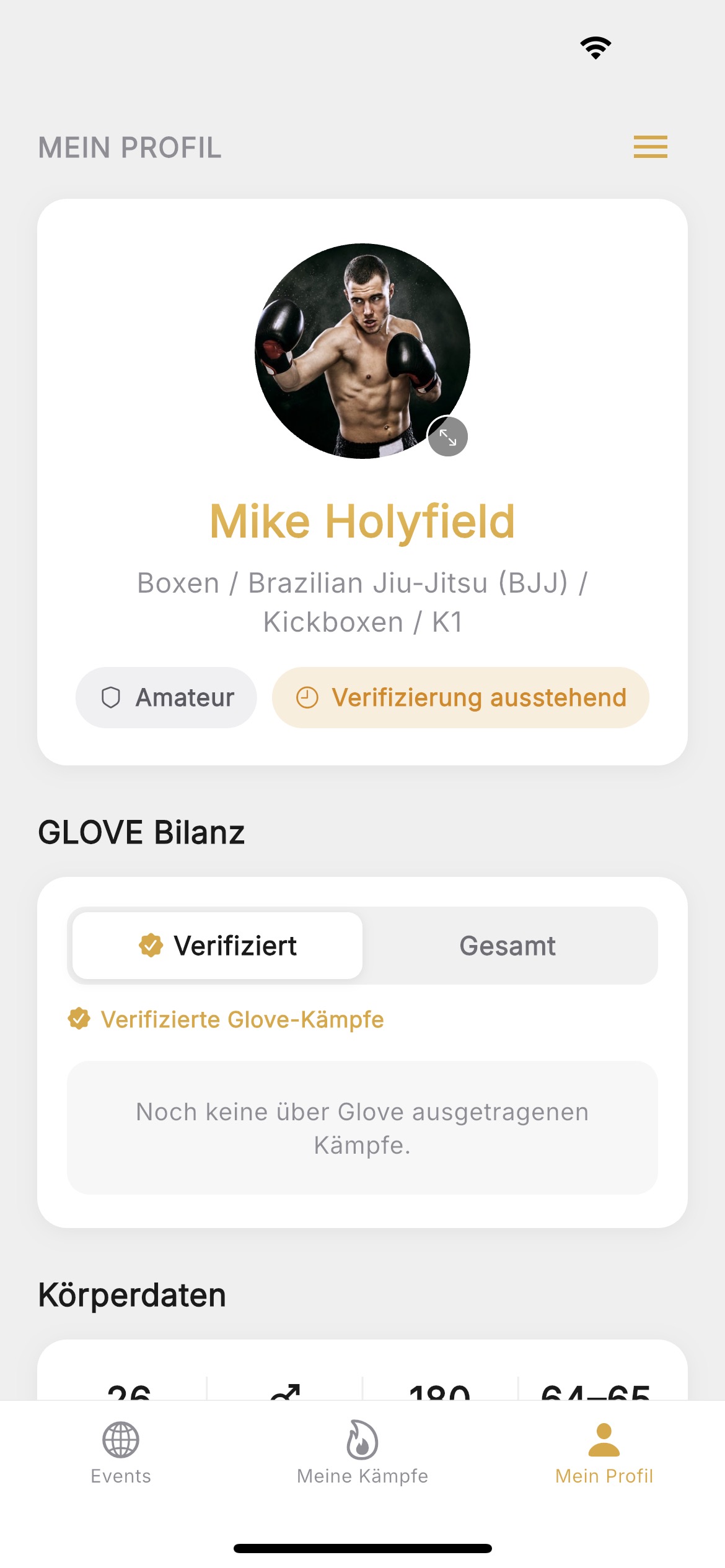 Athleten-Profil mit Bilanz